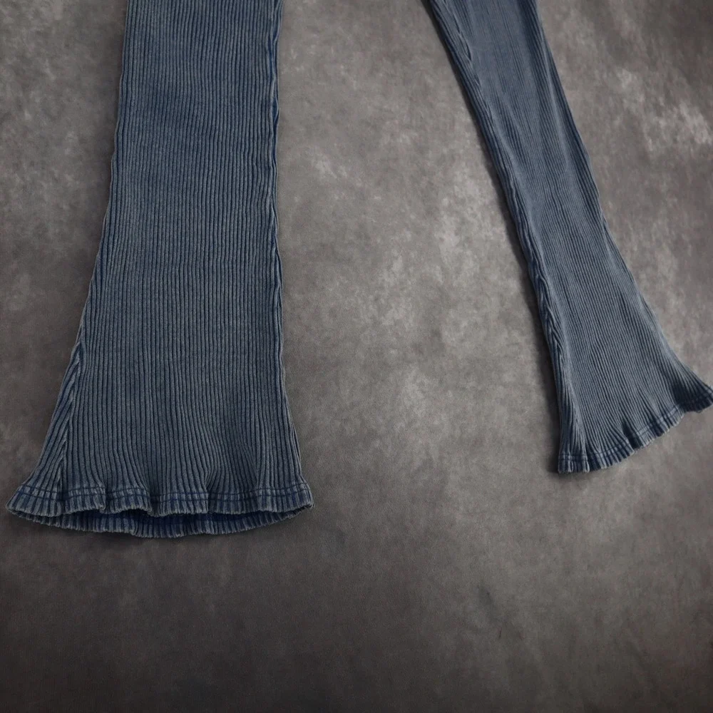Urban Outfitters Flare Leggings Blue Ribbed Pants M Y2K Lettuce Hem Stretch